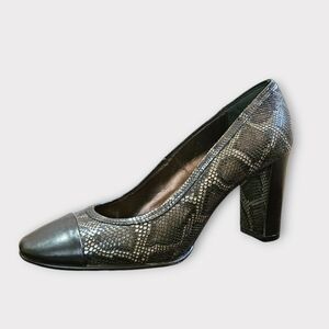 AGL Python Snakeskin Cap Toe Block Heeled Pumps